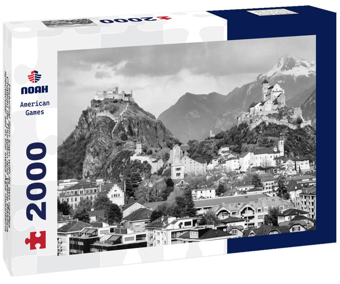 Historical Sion town with its two castles, Chateau de Tourbillon and Valere Basilica, spectacular set in the swiss Alps mountains, canton Valais, Switzerland 2000pc PuzzleBlack and White