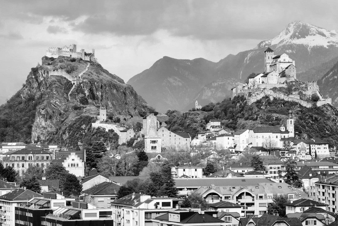 Historical Sion town with its two castles, Chateau de Tourbillon and Valere Basilica, spectacular set in the swiss Alps mountains, canton Valais, Switzerland 2000pc PuzzleBlack and White