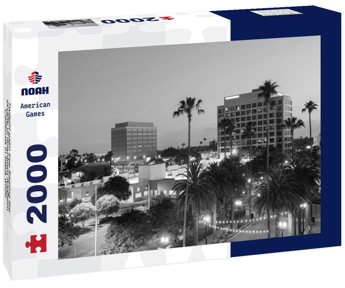 Twilight palm tree framing the skyline of downtown Anaheim, California 2000pc PuzzleBlack and White