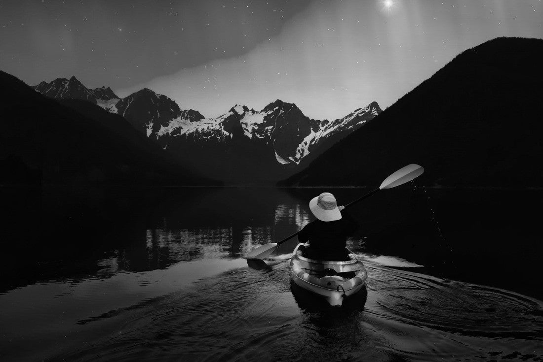 Noah Jigsaw Puzzle Adventurer kayak in a peaceful lake at night. Colored sky with Starts and Aurora Art Render. Canadian landscape from British Columbia, Canada in black white 2000 pieces