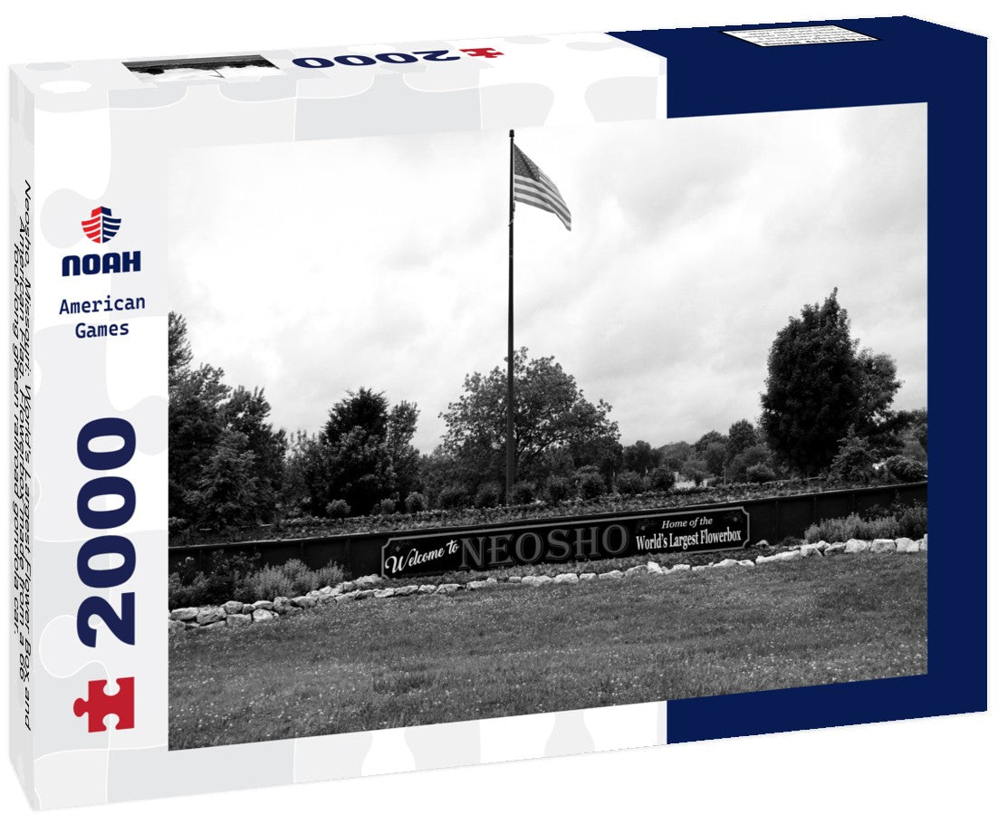 Neosho, Missouri: World's Largest Flower Box and American Flag. Flowerbox made from a 66-foot-long green railroad gondola car. The city is known as “The Flower Box City.” 2000pc PuzzleBlack and White
