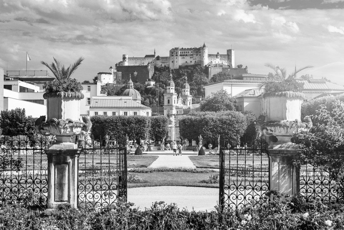 Beautiful view of the famous Mirabell Gardens with the old historic Hohensalzburg Fortress in the background in Salzburg, Austria. Famous Mirabell Gardens with historic fortress in Salzburg, Austria 2000pc PuzzleBlack and White