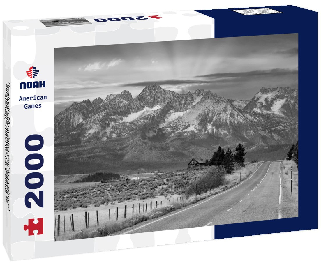 Sawtooth Mountains and log cabin at sunrise and highway 75 leading to Stanley, Idaho 2000pc PuzzleBlack and White