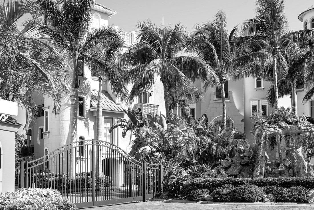 Noah Jigsaw Puzzle Bonita Springs, Florida city in Collier County with entrance to famous Barefoot Beach with road through neighborhood's luxury homes in black white 2000 pieces