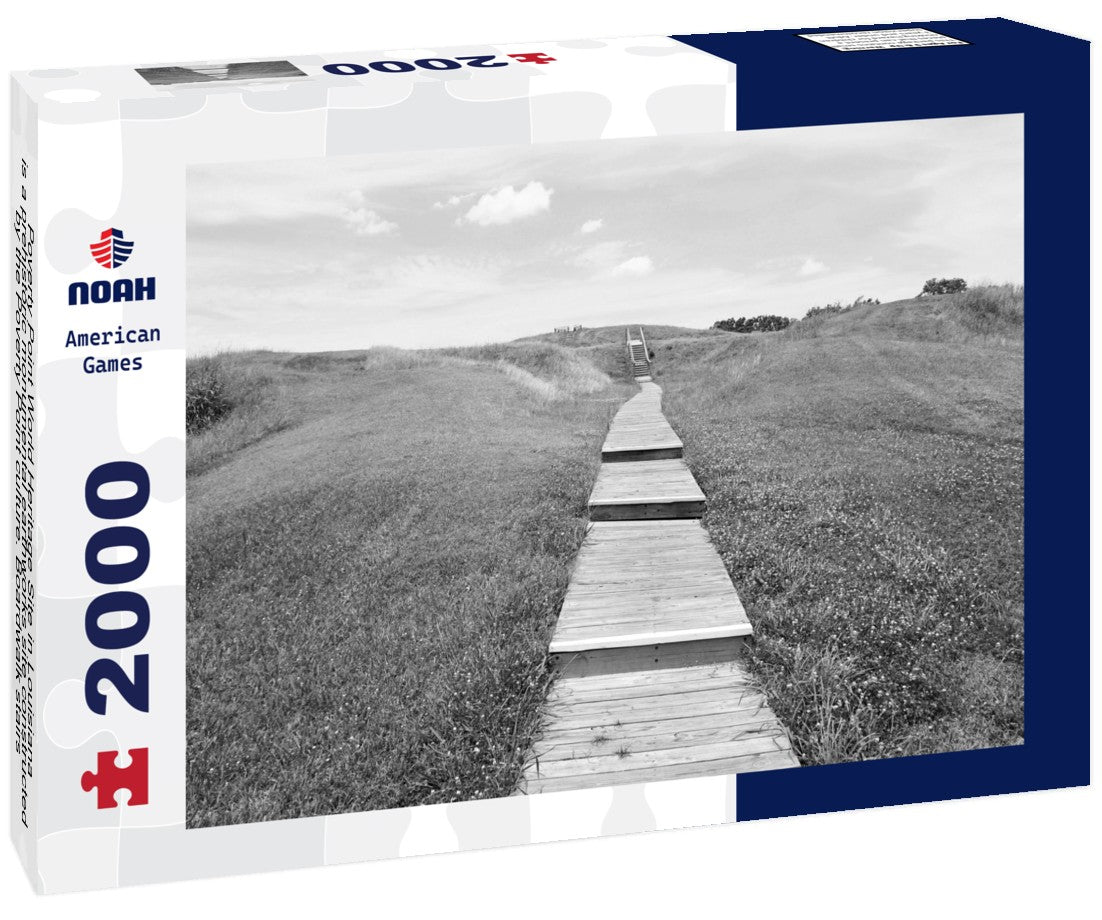Poverty Point World Heritage Site in Louisiana is a prehistoric monumental earthworks site constructed by the Poverty Point culture. Boardwalk stairs climbing the largest earthen mound - Mound A 2000pc PuzzleBlack and White