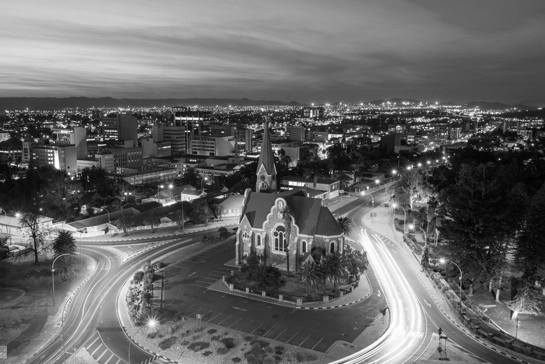 Aerial view of historical landmark Christ Church aka Christuskirche at dusk in Windhoek, the capital and largest city of Namibia 2000pc PuzzleBlack and White
