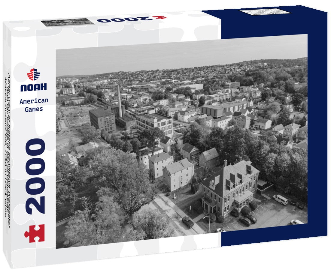 Aerial view of historic downtown Worcester with fall foliage in city of Worcester, Massachusetts MA, USA 2000pc PuzzleBlack and White