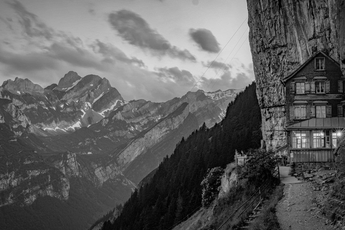 Swiss Alps and a mountain restaurant under the Aescher Klippe, from Ebenalp in the Appenzeller region of Switzerland Aescher Klippe Switzerland 2000pc PuzzleBlack and White