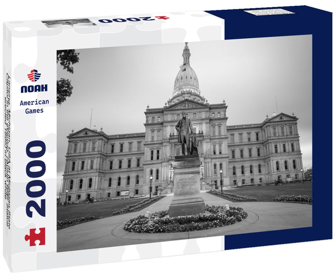Lansing, Michigan, USA at Michigan State Capitol in the evening. (Austin Blair Statue erected 1895) 2000pc PuzzleBlack and White