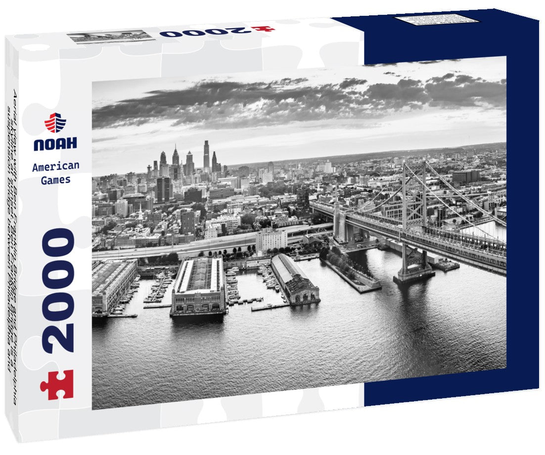 Aerial view with Ben Franklin Bridge and Philadelphia skyline at sunset. Ben Franklin Bridge is a suspension bridge between Philadelphia and Camden, NJ 2000pc PuzzleBlack and White