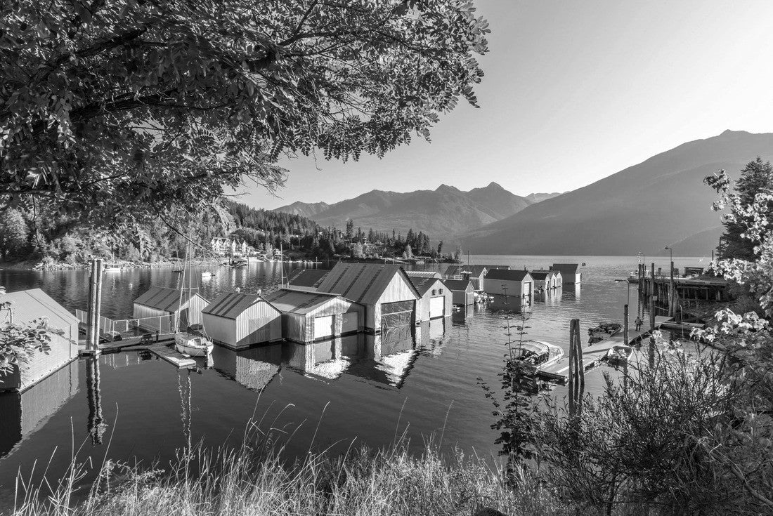 Noah Jigsaw Puzzle Early morning sunlight on the boatyard, marina and dock at Kootenay Lake in Kaslo Bay, in the rural little village of Kaslo, British Columbia, Canada in black white 2000 pieces