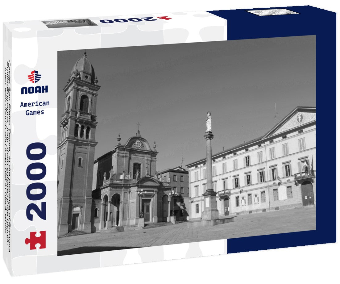 Castel San Pietro Terme, in the province of Bologna, Emilia-Romagna, Italy: main square of the historic town with church and town hall 2000pc PuzzleBlack and White