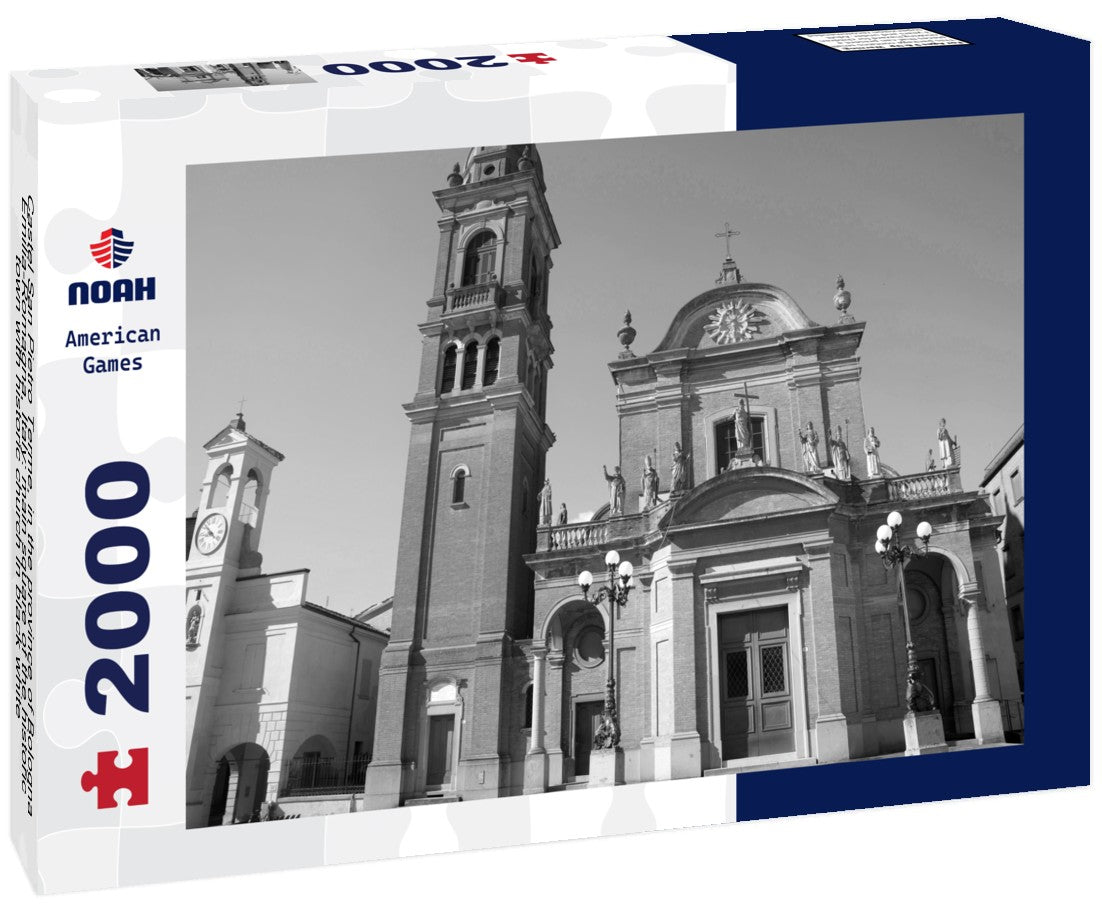 Castel San Pietro Terme, in the province of Bologna, Emilia-Romagna, Italy: main square of the historic town with historic church 2000pc PuzzleBlack and White