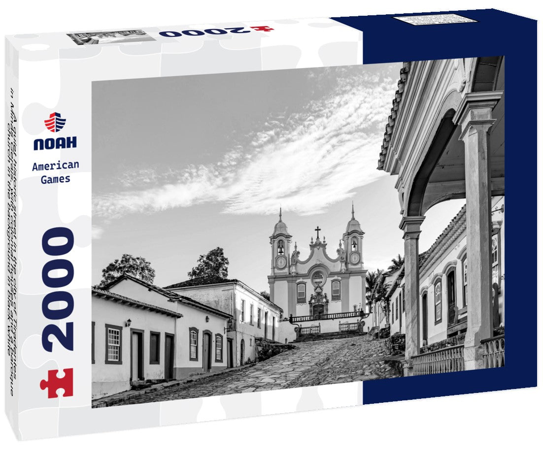 A quiet historic street in the city of Tiradentes in Minas Gerais, with colonial houses and a baroque church in the background 2000pc PuzzleBlack and White