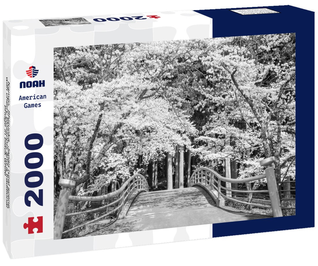 Kamijo, Shizuoka, Japan rural scene with cherry blossoms and a traditional bridge 2000pc PuzzleBlack and White