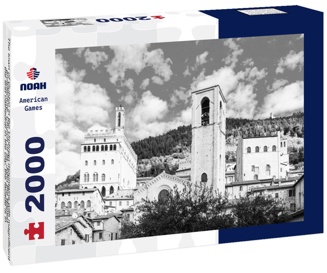 The town of Gubbio in the Umbrian mountains with magnificent architecture. Church of St. John the Baptist - the first cathedral in the city, the facade is in the Gothic style. Italy 2000pc PuzzleBlack and White