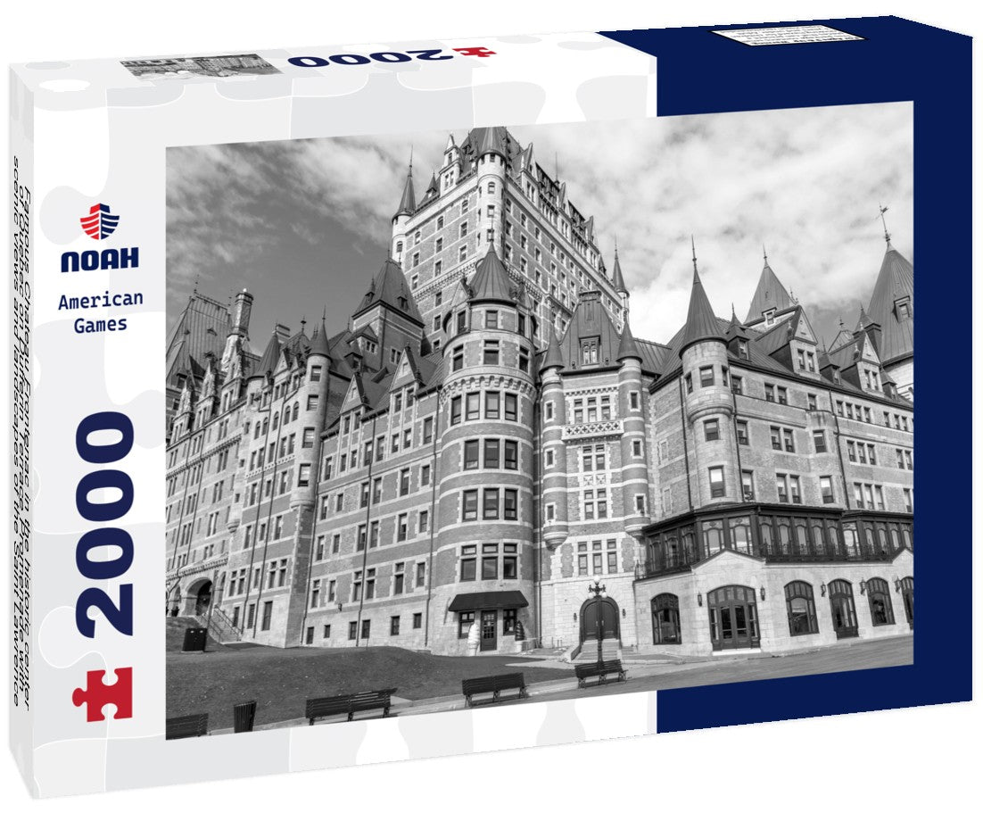 Famous Chateau Frontenac in the historic center of Quebec on Dufferin Terrace Promenade with scenic views and landscapes of the Saint Lawrence River 2000pc PuzzleBlack and White