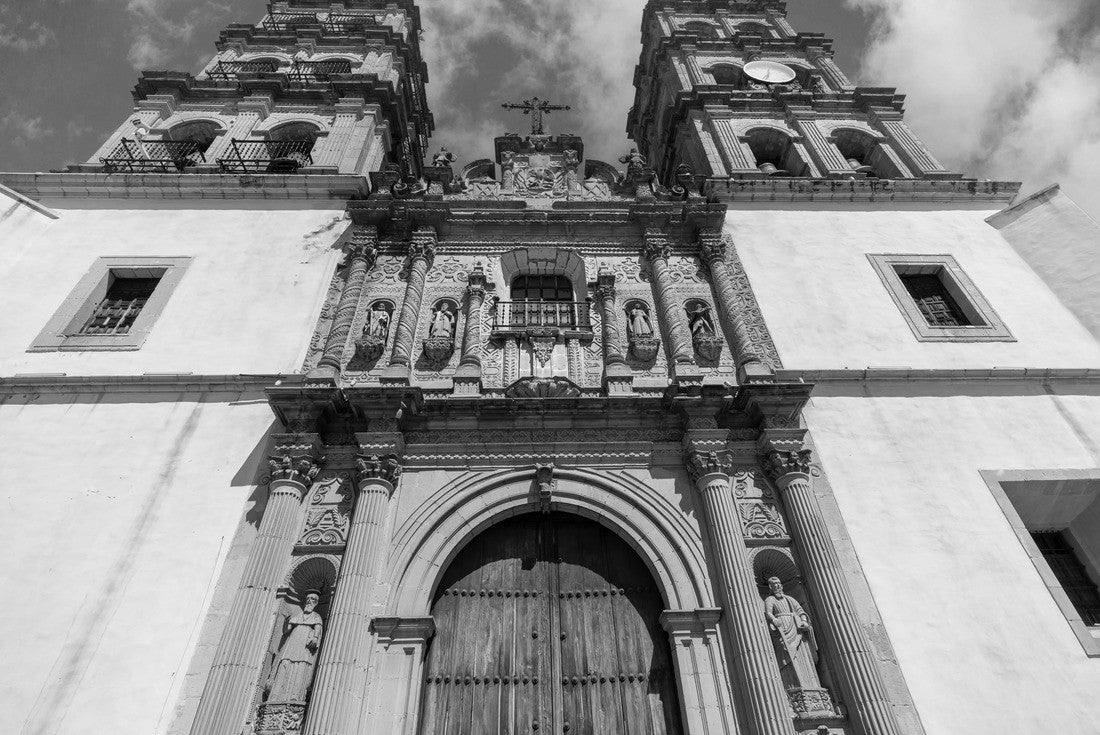 Mexico, Catholic Church of the Cathedral Basilica Durango in the colonial historic city center across from Durango's central square, Plaza de Armas 2000pc PuzzleBlack and White