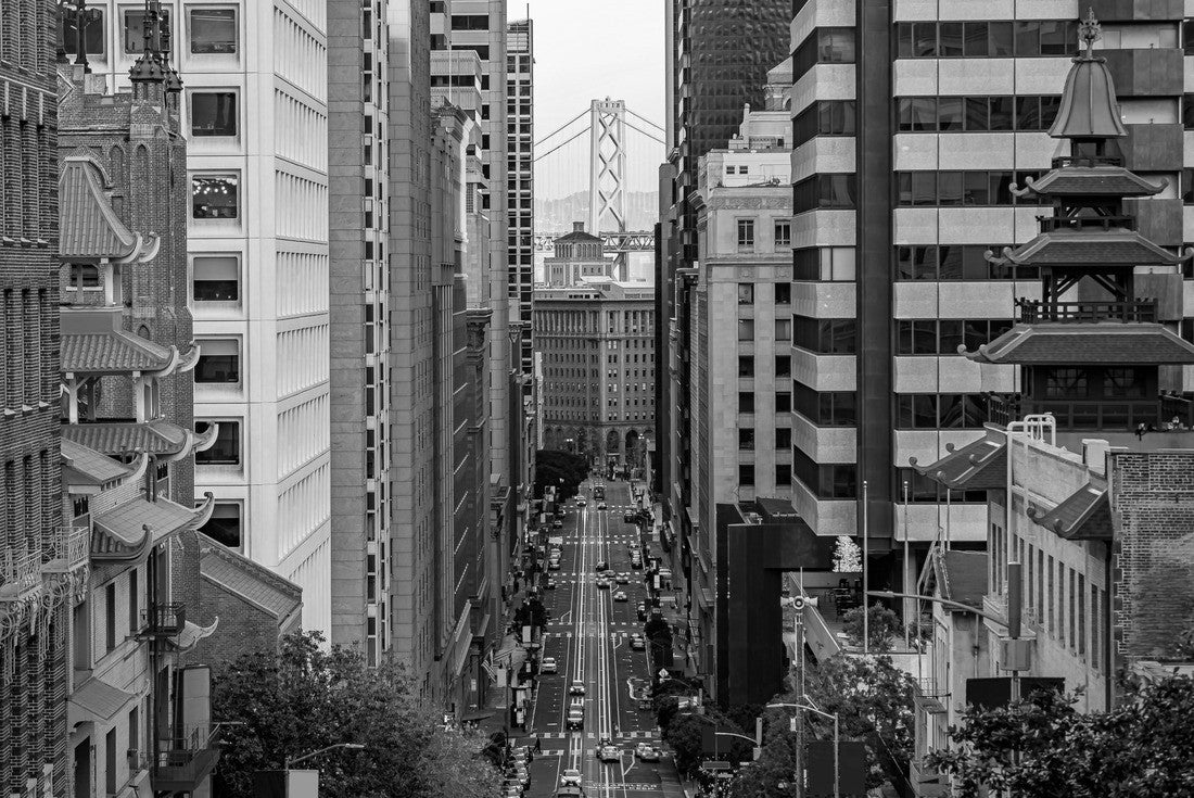 Noah Jigsaw Puzzle Famous view of California Street near China Town and the Financial District, with Chinese pagoda towers and the Bay Bridge at sunset in San Francisco in black white 2000 pieces