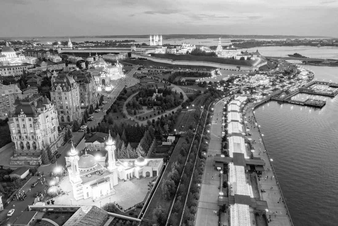 Noah Jigsaw Puzzle Panoramic aerial top view of Kazan Kremlin Kul Sharif mosque Kazanka river embankment sunset, Tatarstan Russia in black white 2000 pieces