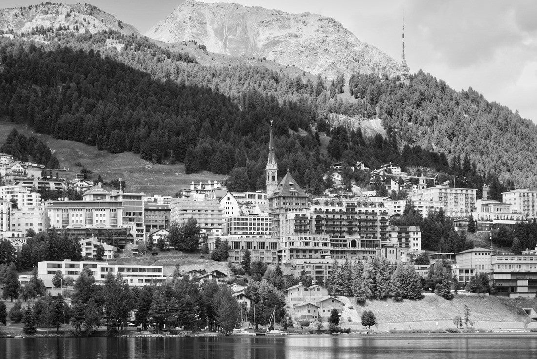 Noah Jigsaw Puzzle St. Moritz, high alpine resort in the Engadine, Switzerland. Panoramic view of St. Moritz with Lake St. Moritz in the Swiss canton of Graubünden, the Graubünden in black white 2000 pieces