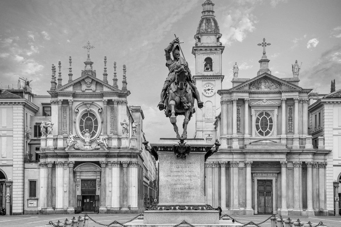 Noah Jigsaw Puzzle Turin, Piedmont, Italy: Equestrian monument of Emmanuel Philibert on St. Charles Square and twin churches of Santa Cristina and Sant Carlo (right) in black white 2000 pieces