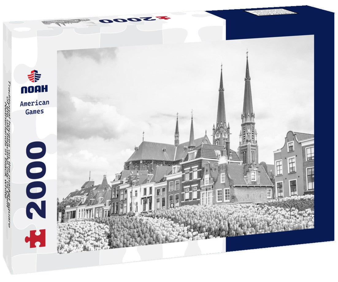 Traditional houses on the market square of the old beautiful city of Delft, Netherlands 2000pc PuzzleBlack and White
