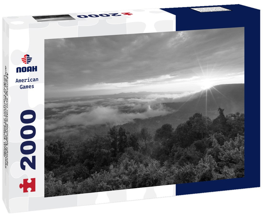 Morning sun rays through clouds and fog over mountains in Arkansas Grand Canyon 2000pc PuzzleBlack and White