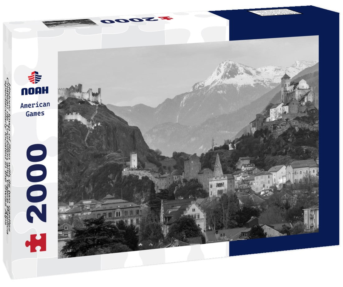 Historic town of Sion with its two castles, Chateau de Tourbillon and Valere Basilica, spectacularly located in the Swiss Alps, Canton of Valais, Switzerland 2000pc PuzzleBlack and White