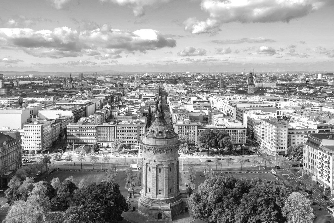 Noah Jigsaw Puzzle Autumnal city of Mannheim, Baden-Württemberg, Germany. Friedrichsplatz with the Mannheim Water Tower in the foreground in black white 2000 pieces