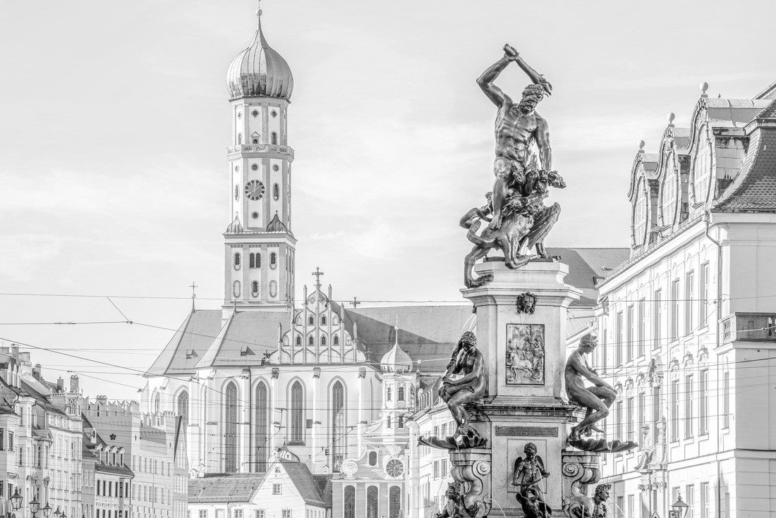 the fountain and the Basilica of St. Ulrich and Afra in the city center of Augsburg 2000pc PuzzleBlack and White