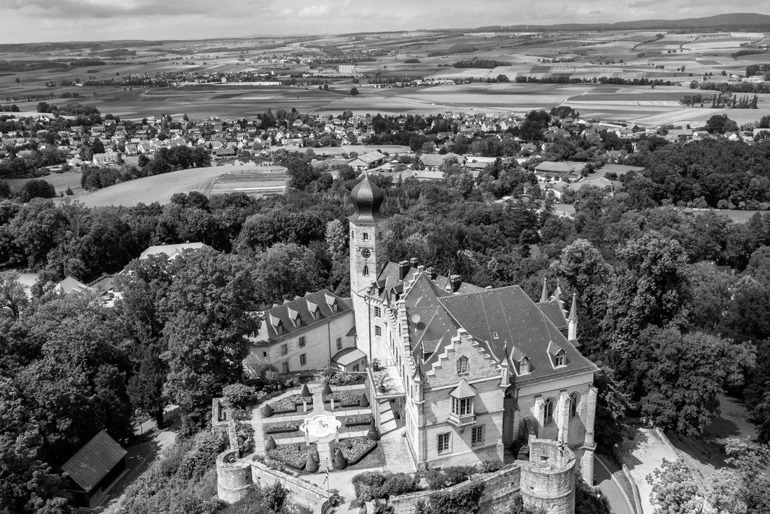 Aerial view, Callenberg Castle, hunting lodge and summer palace of the Dukes of Saxe-Coburg and Gotha, Coburg, Upper Franconia, Bavaria, Germany 2000pc PuzzleBlack and White