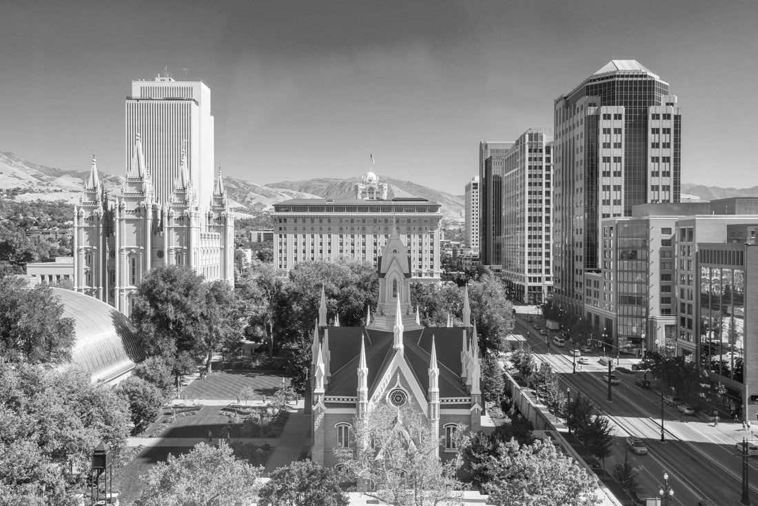 Noah Jigsaw Puzzle Salt Lake City, Utah, USA downtown cityscape over Temple Square with autumn foliage in black white 2000 pieces