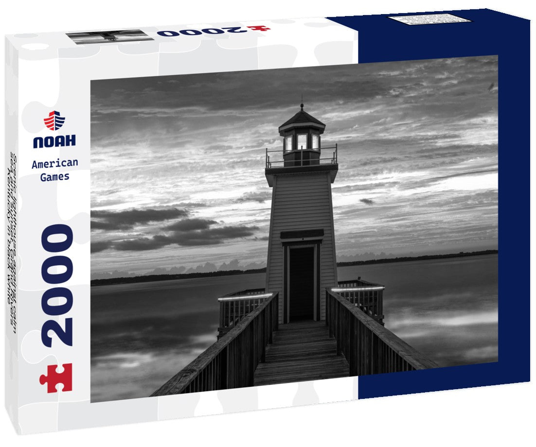 Scenic lighthouse against calm sea and sunset, Grand Rivers Kentucky 2000pc PuzzleBlack and White