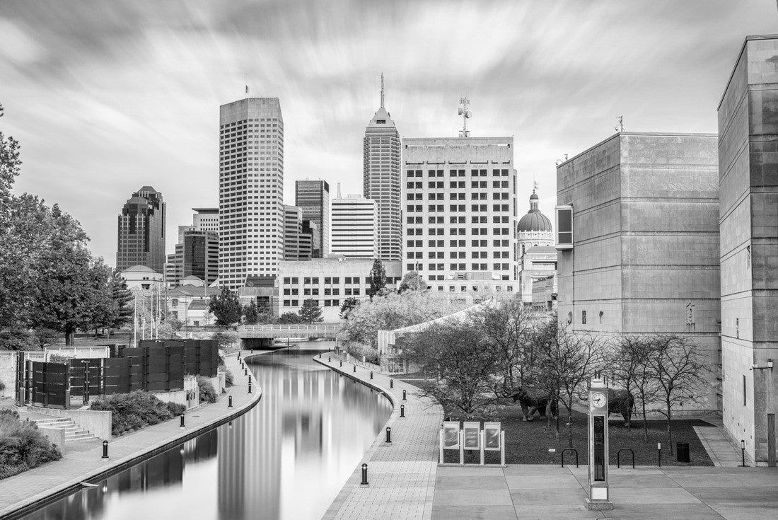 Noah Jigsaw Puzzle Indianapolis, Indiana, USA downtown skyline over the river walk in black white 2000 pieces