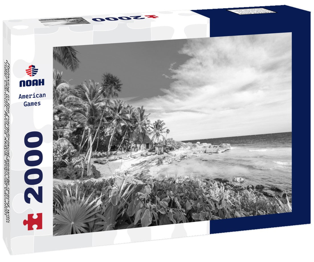 Relaxing in the paradisiacal seaside resort with turquoise waters of the Caribbean Sea in Tulum, near Cancun, Riviera Maya, tropical vacation destination, Mexico 2000pc PuzzleBlack and White