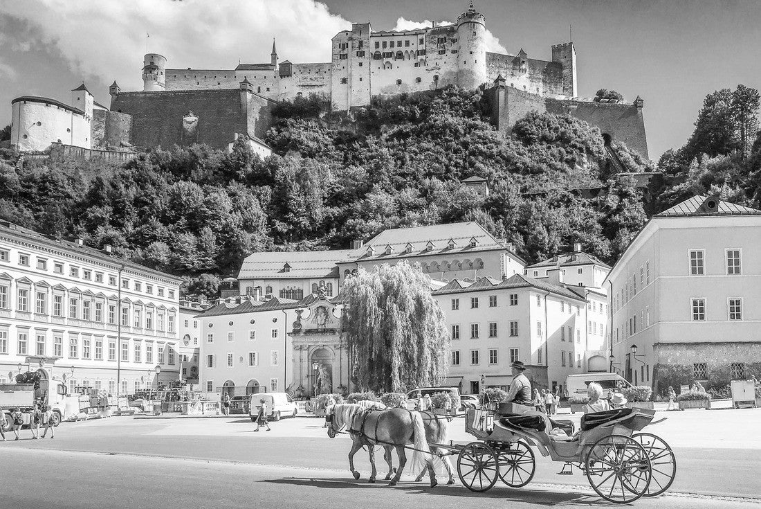 Beautiful the historic city of Salzburg with traditional horse-drawn carriage and famous Hohensalzburg Fortress on a hill on a sunny day with blue sky and clouds in summer 2000pc PuzzleBlack and White
