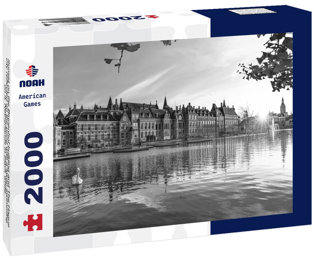 Sunset on the Binnenhof building and The Hague city reflected on the pond with a swan swimming on it, Netherlands 2000pc PuzzleBlack and White