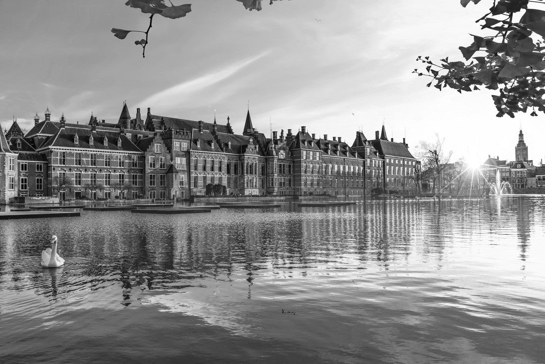 Sunset on the Binnenhof building and The Hague city reflected on the pond with a swan swimming on it, Netherlands 2000pc PuzzleBlack and White