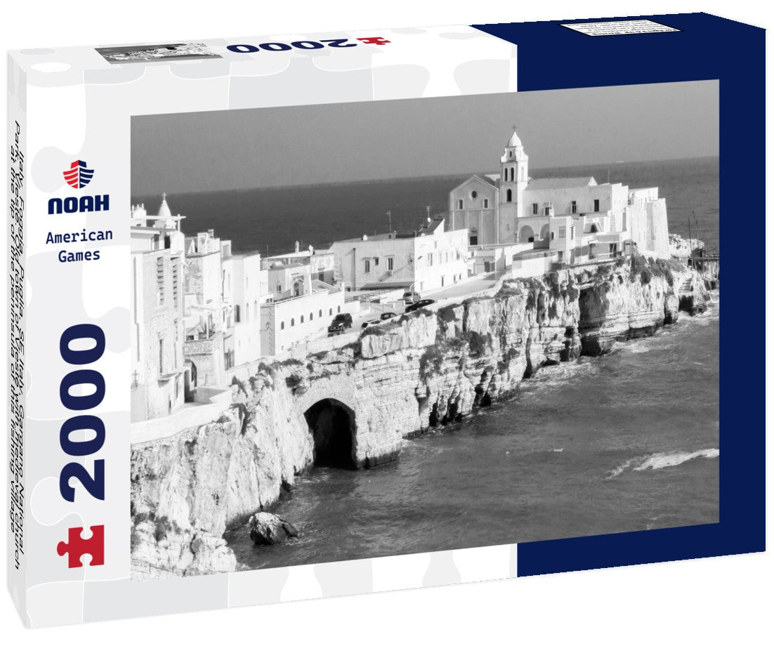 Italy, Foggia, Puglia, SE Italy, Gargano National Park, Vieste. Old town of Vieste with medieval church at the tip of the peninsula of this fishing village in Gargano, Puglia, Italy 2000pc PuzzleBlack and White