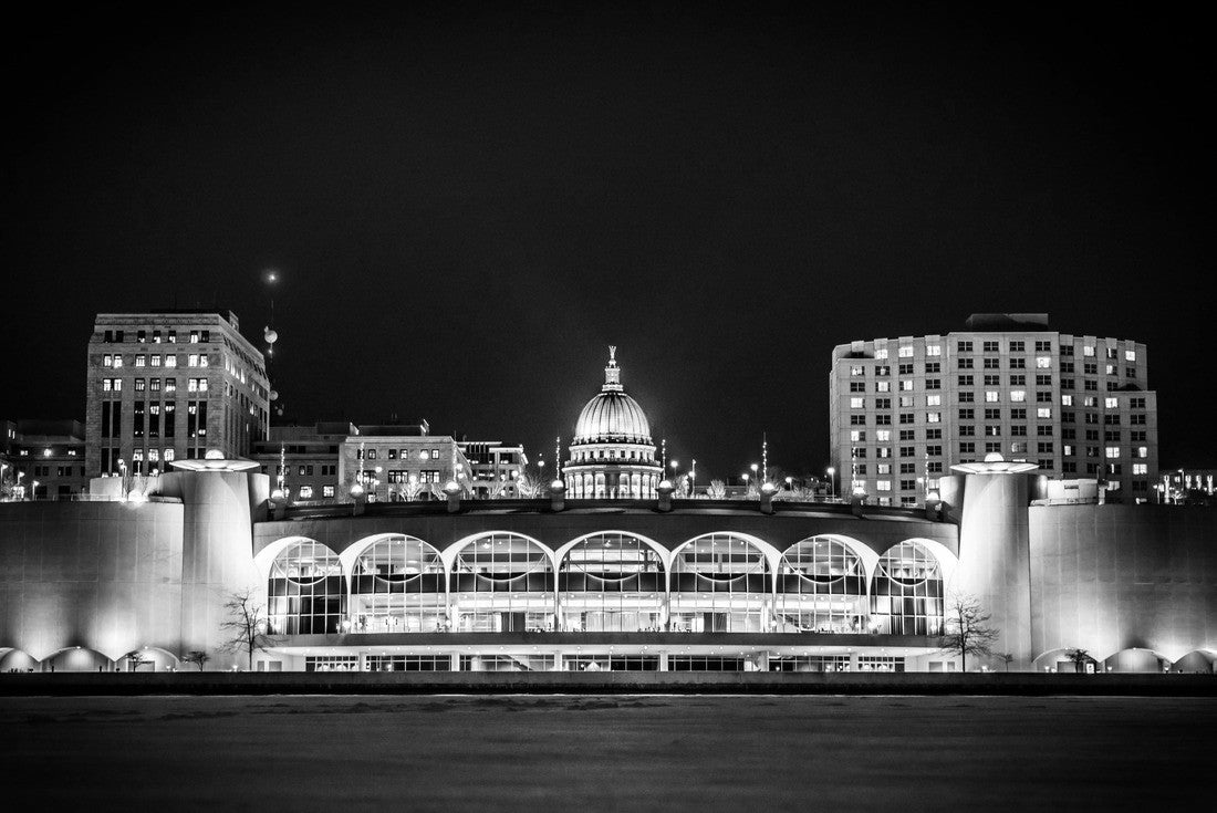 Noah Jigsaw Puzzle Nighttime Madison Wisconsin Capitol Building and Monona Terrace From Lake Monona in black white 2000 pieces