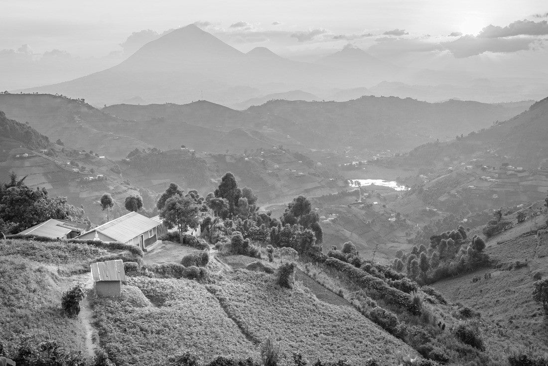 Noah Jigsaw Puzzle Kisoro Uganda beautiful sunset over mountains and hills of pastures and farms in villages of Uganda in black white 2000 pieces