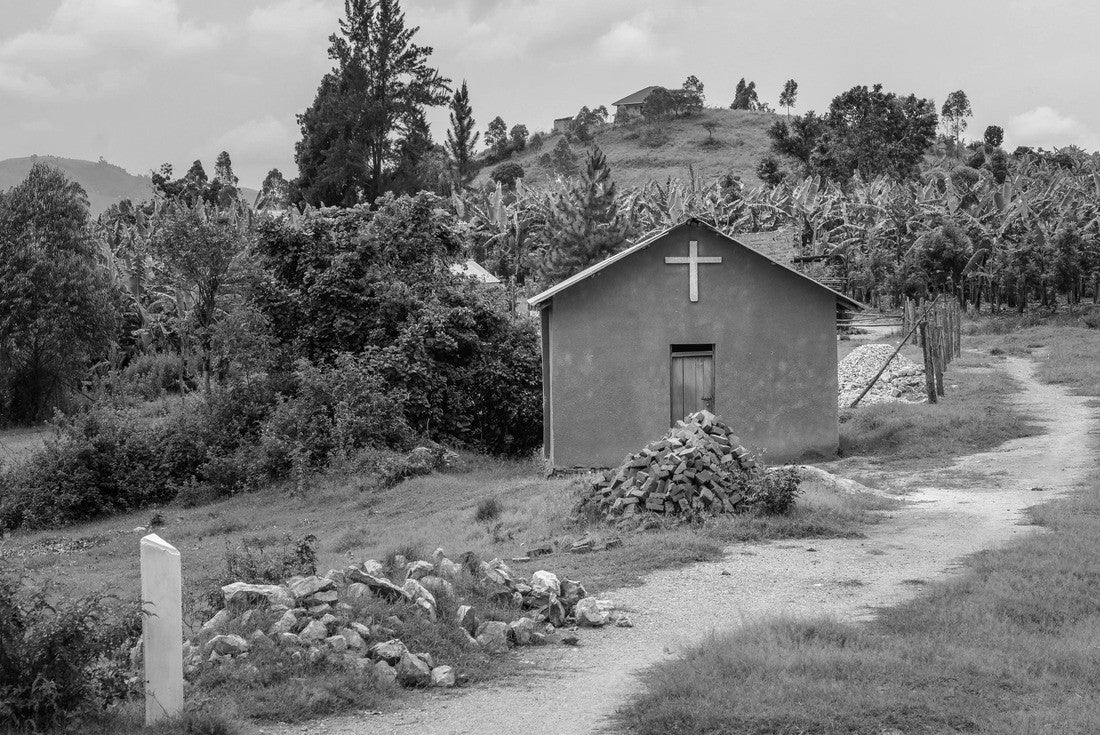 Noah Jigsaw Puzzle Little church christian in Africa, Uganda. Beautiful nature of Uganda in East-Africa with religious building catholic church in black white 2000 pieces
