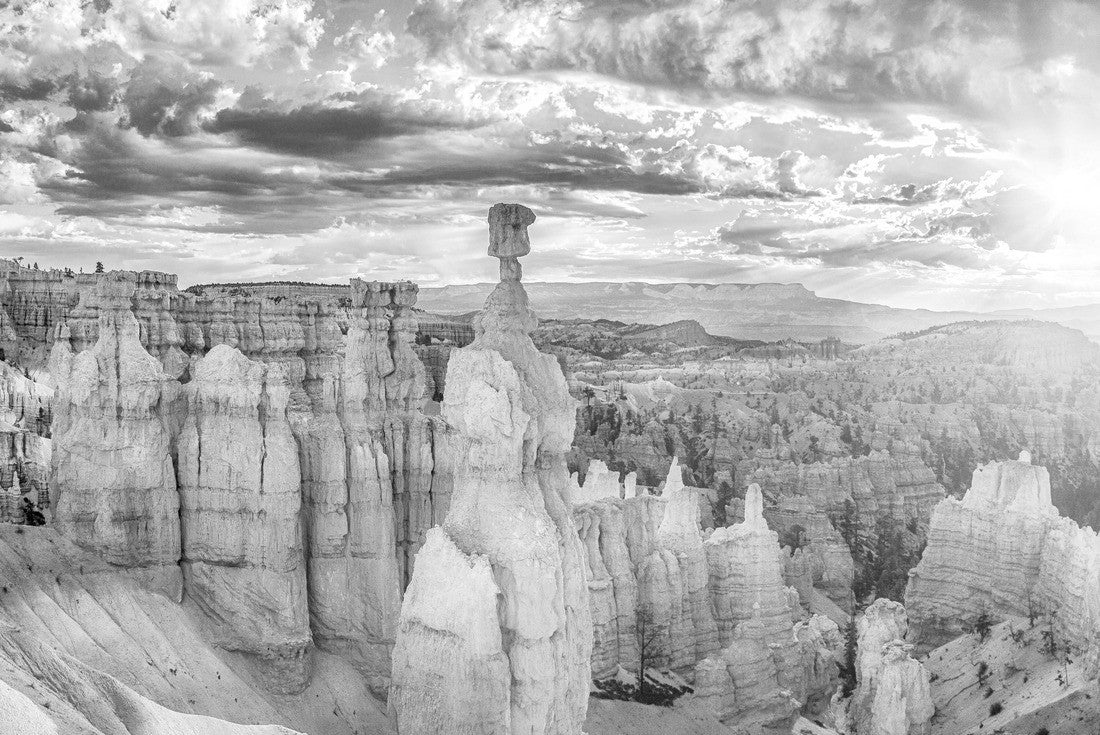 Noah Jigsaw Puzzle Panoramic view of amazing hoodoos sandstone formations in scenic Bryce Canyon National Park in beautiful golden morning light at sunrise with dramatic sky and blue sky, Utah, USA in black white 2000 pieces