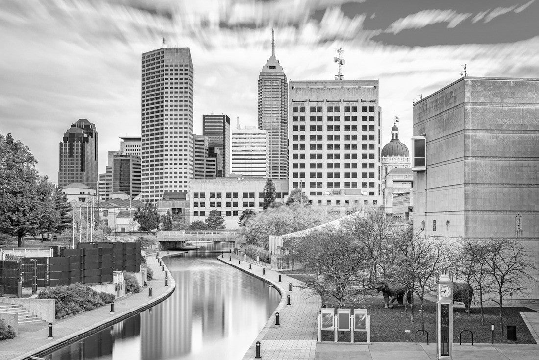 Noah Jigsaw Puzzle Indianapolis, Indiana, USA downtown city skyline over river walk in black white 2000 pieces