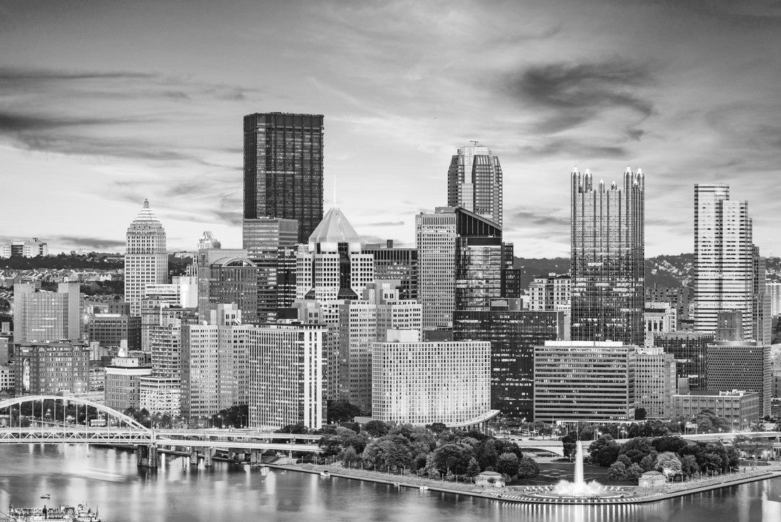 Noah Jigsaw Puzzle Pittsburgh, Pennsylvania, USA downtown city skyline on the rivers at dusk in black white 2000 pieces