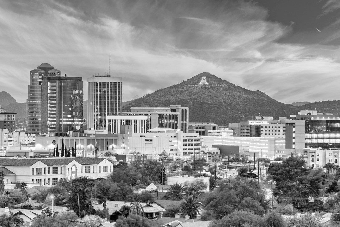 Noah Jigsaw Puzzle Tucson, Arizona, USA Downtown skyline with Sentinel Peak at dusk. (Mountain peak “A” for “Arizona”) in black white 2000 pieces
