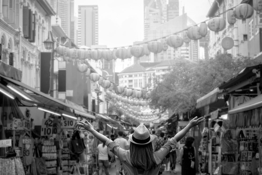 Noah Jigsaw Puzzle young traveler with backpack and hat traveling in downtown Singapore to Chinatown. Concept Travel in Singapore in black white 2000 pieces