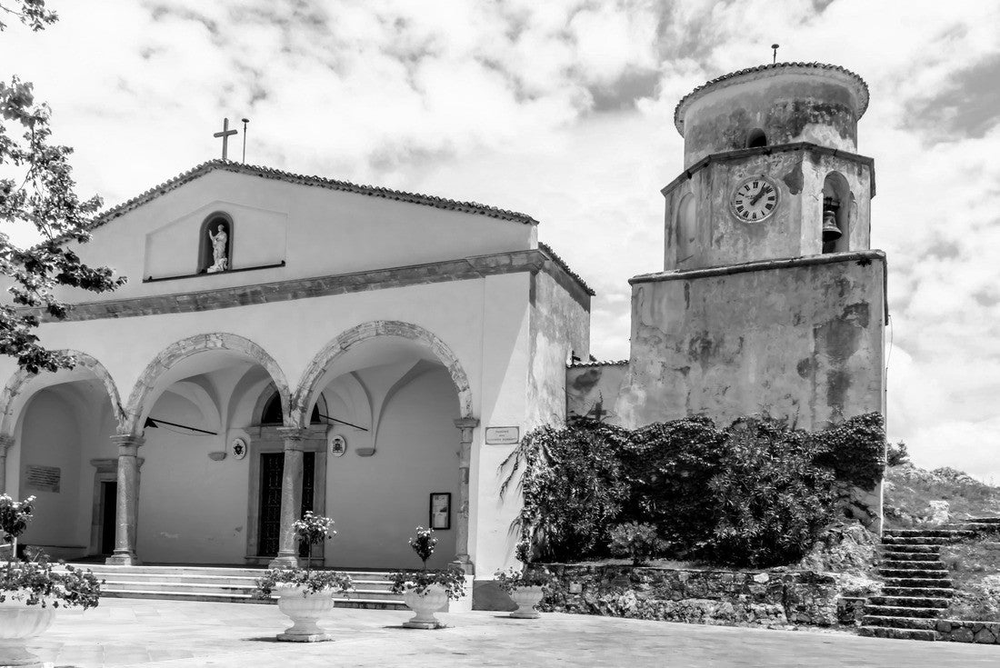 The catholic church Basilica of San Biagio with bell tower, in the district of Maratea, on the mountain San Biagio, on the Tyrrhenian seacoast in the south of Italy 2000pc PuzzleBlack and White
