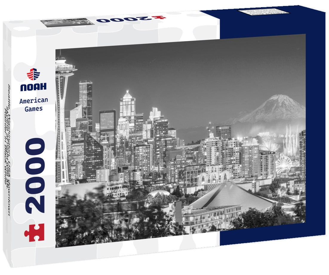 Seattle, Washington, USA downtown skyline at night with Mt. Rainier 2000pc PuzzleBlack and White